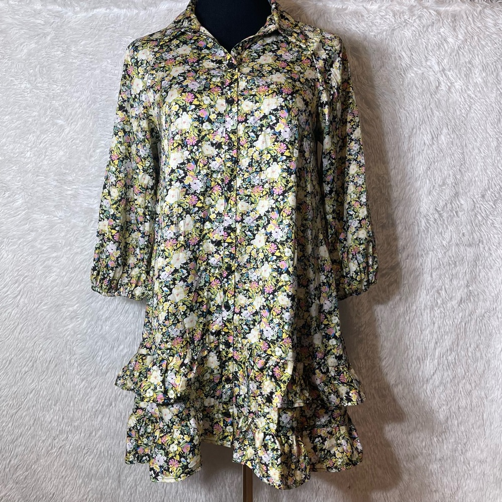 Code X Mode Women’s Multicolored Floral Button Down Long Sleeve Midi Dress